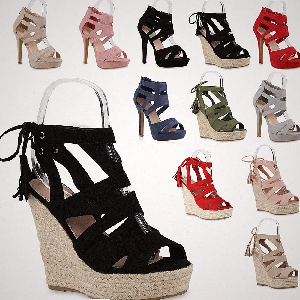 VAN HILL Damen Keilsandaletten Plateau Sandalen Bast Quasten Schnürung Sommer