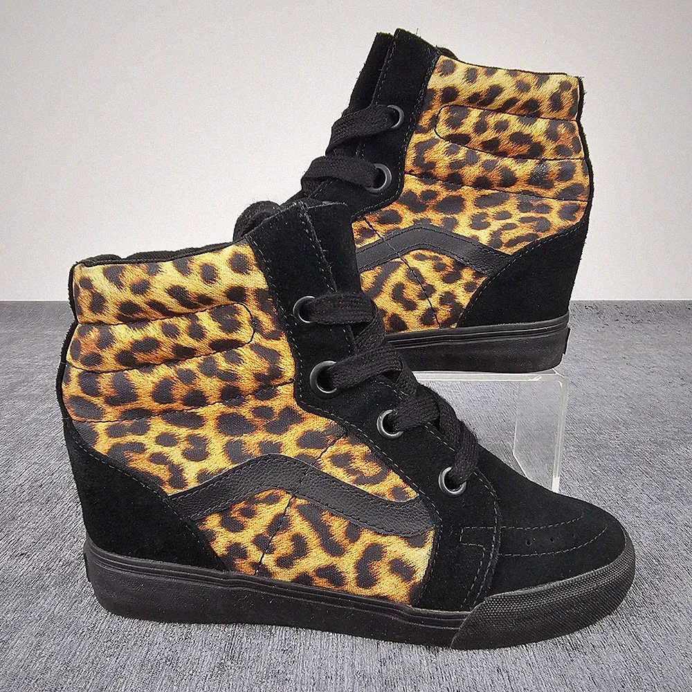 Vans Sk8-Hi versteckter Keilabsatz Stiefel UK 4,5 Damen schwarz Wildleder Leopardenmuster Turnschuhe