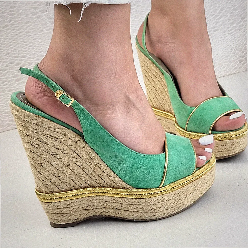 Versace Collection Plateau Keilabsatz Espadrille Sandalen Heels EU37 UK 4 Grün Wildleder