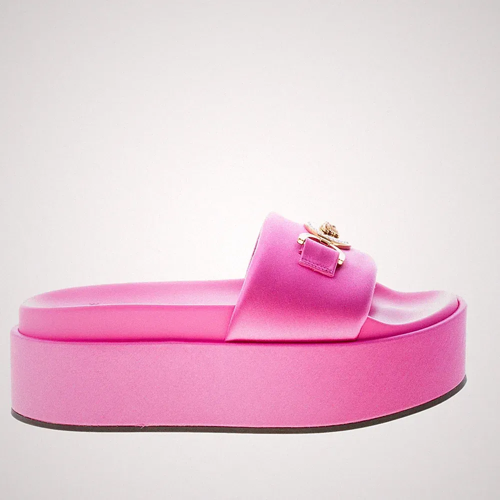 VERSACE Damen Schuhe Sandale Keilabsatz Plateau Slide Satin Rosa Schmuck Medusa Gold