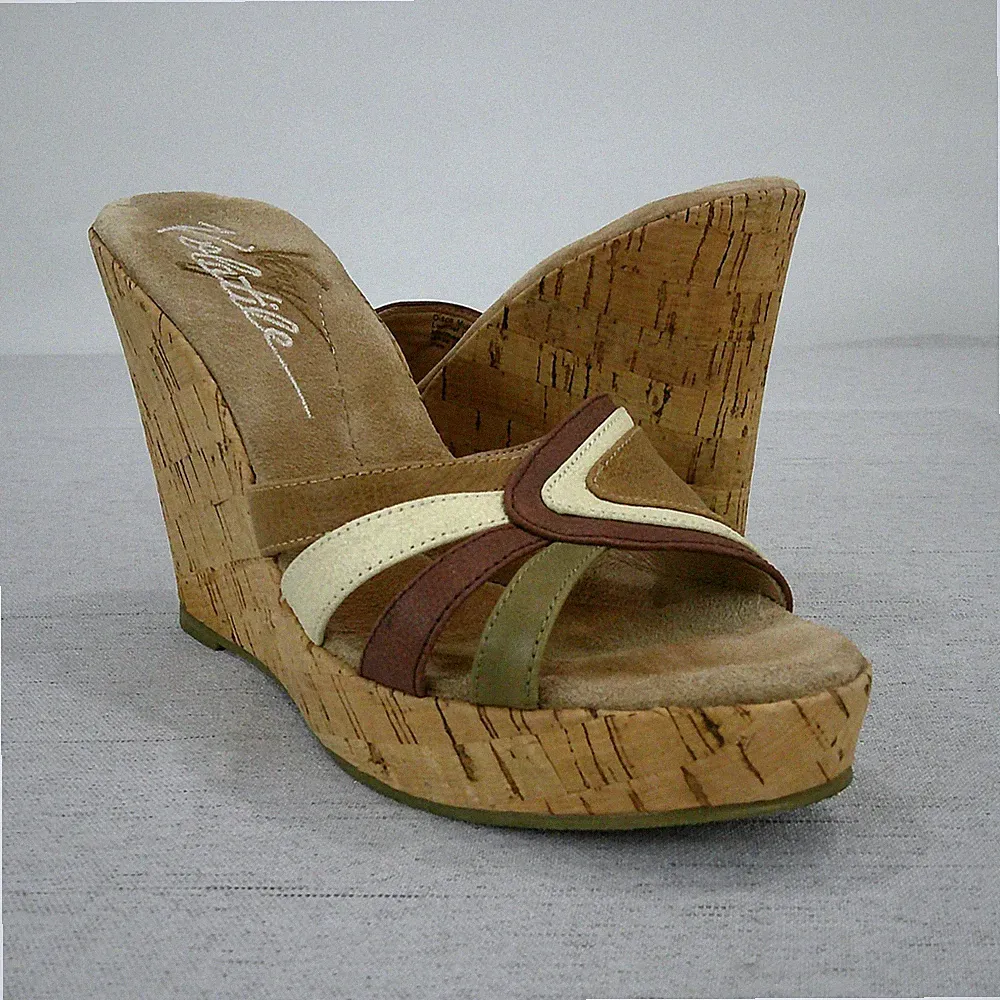Very Volatile Wedge Sandals Women 8 Brown Disco Strappy Cork Heels Leather Shoes