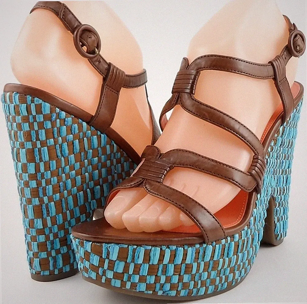 Via Spiga Cai Tabak Türkis Leder Designer Plateau Sandalen 7 Eu 38