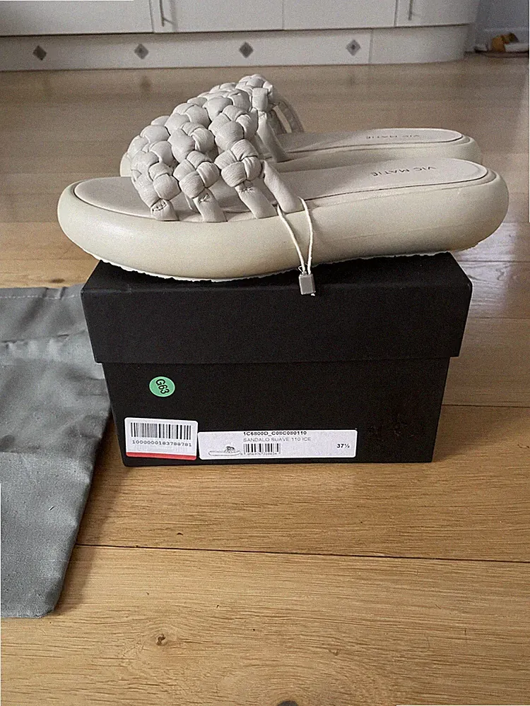 Vic Matie geflochtene Leder Plateau Pantoletten Gr. UK 4,5 Suave Sandale 110 Ice Neu mit Karton