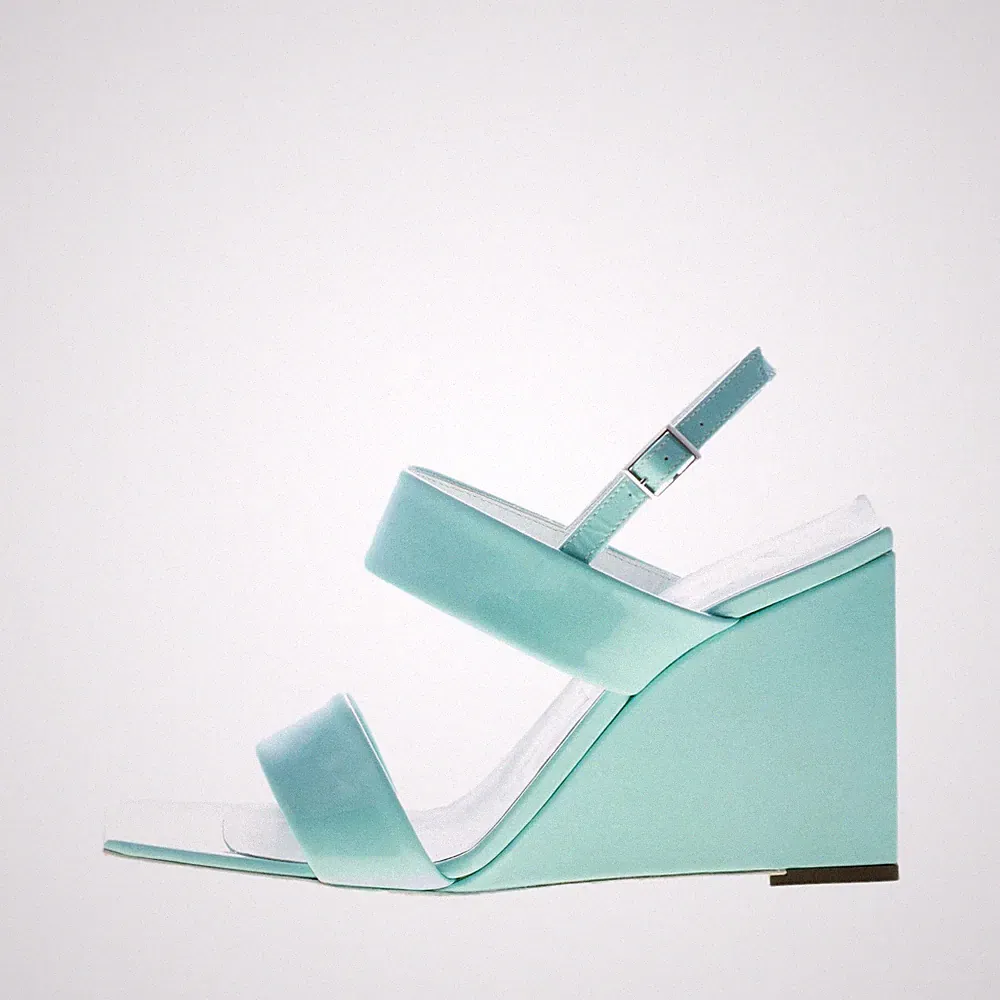 VICINI Damen Schuhe Sandale mit Keilabsatz in türkis Lack Doppelband Absatz 9