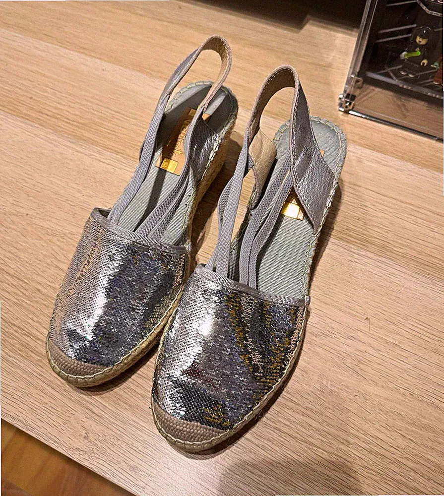 Vidorreta Damen Espadrille-Sandalen Keilabsatz Slingback Glitzer silber EU 39