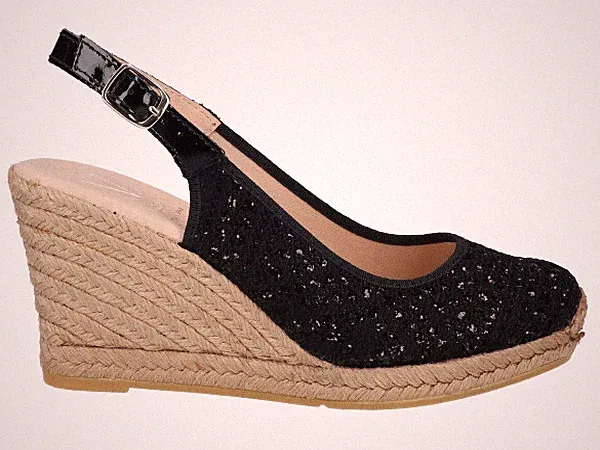 Viguera Espadrilles Damen Decolletté Keilabsatz 9 Cm Leder Textil Schwarz