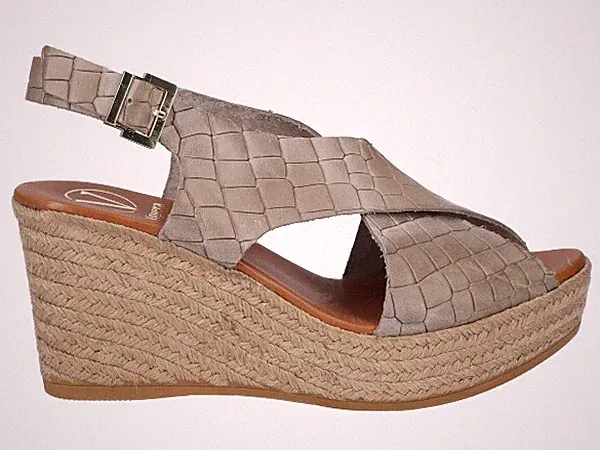 Viguera Sandalen Espadrilles Damen Echtleder Goffriert Mit Keilabsatz 8 Cm Grau