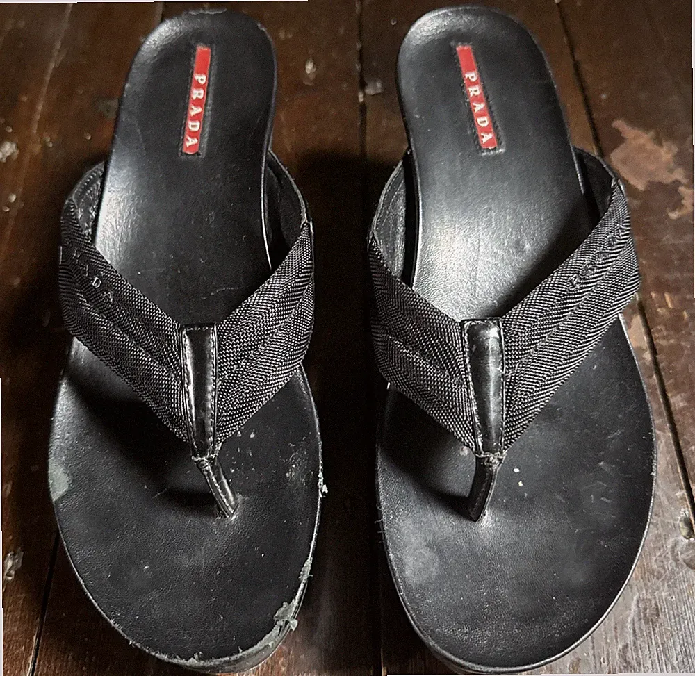 Vintage 00er PRADA Sport schwarz LINEA ROSSA SELTEN Keilabsatz SANDALEN + STAUBBEUTEL UK 4 37