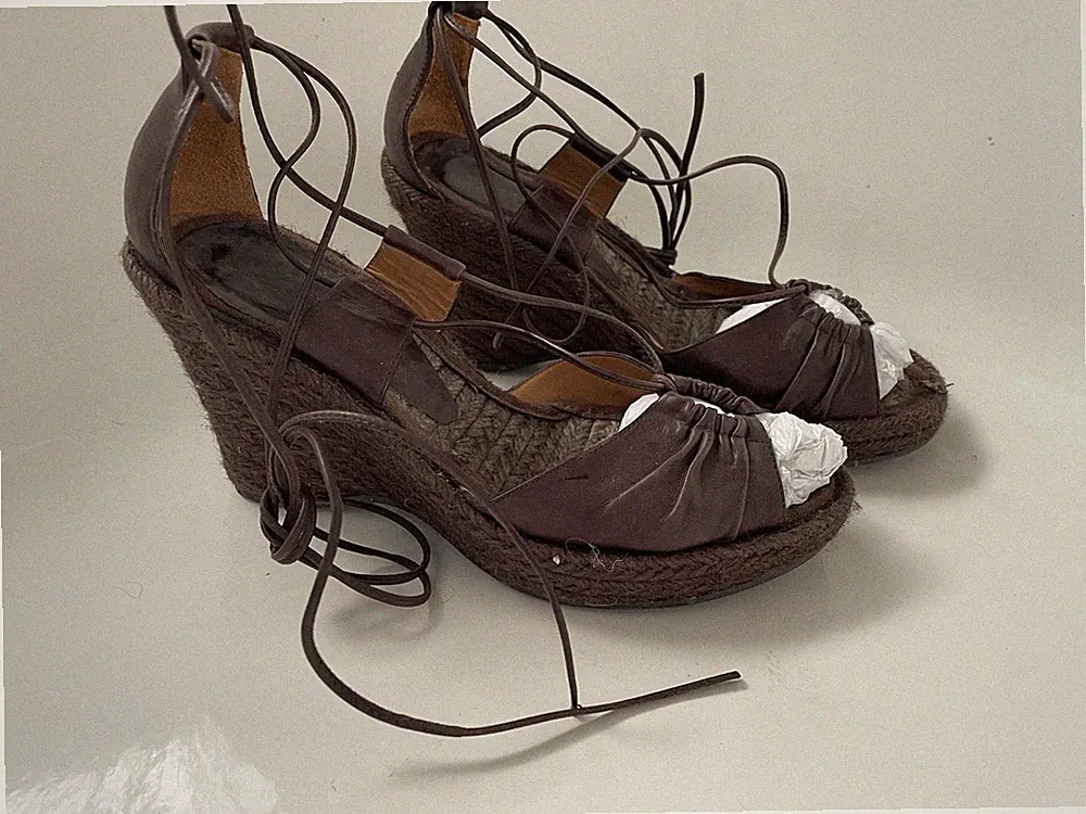 Vintage 2000er Y2K Keilsandaletten Plateau Wedges Leder Bast Peep-Toe 39