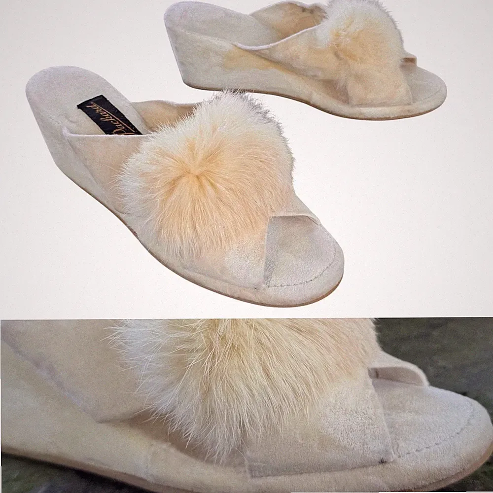 Vintage 50's VELVET MARIBOU FEATHER BOUDOIR SLIPPERS 8.5 Wedge Wedding Sandals