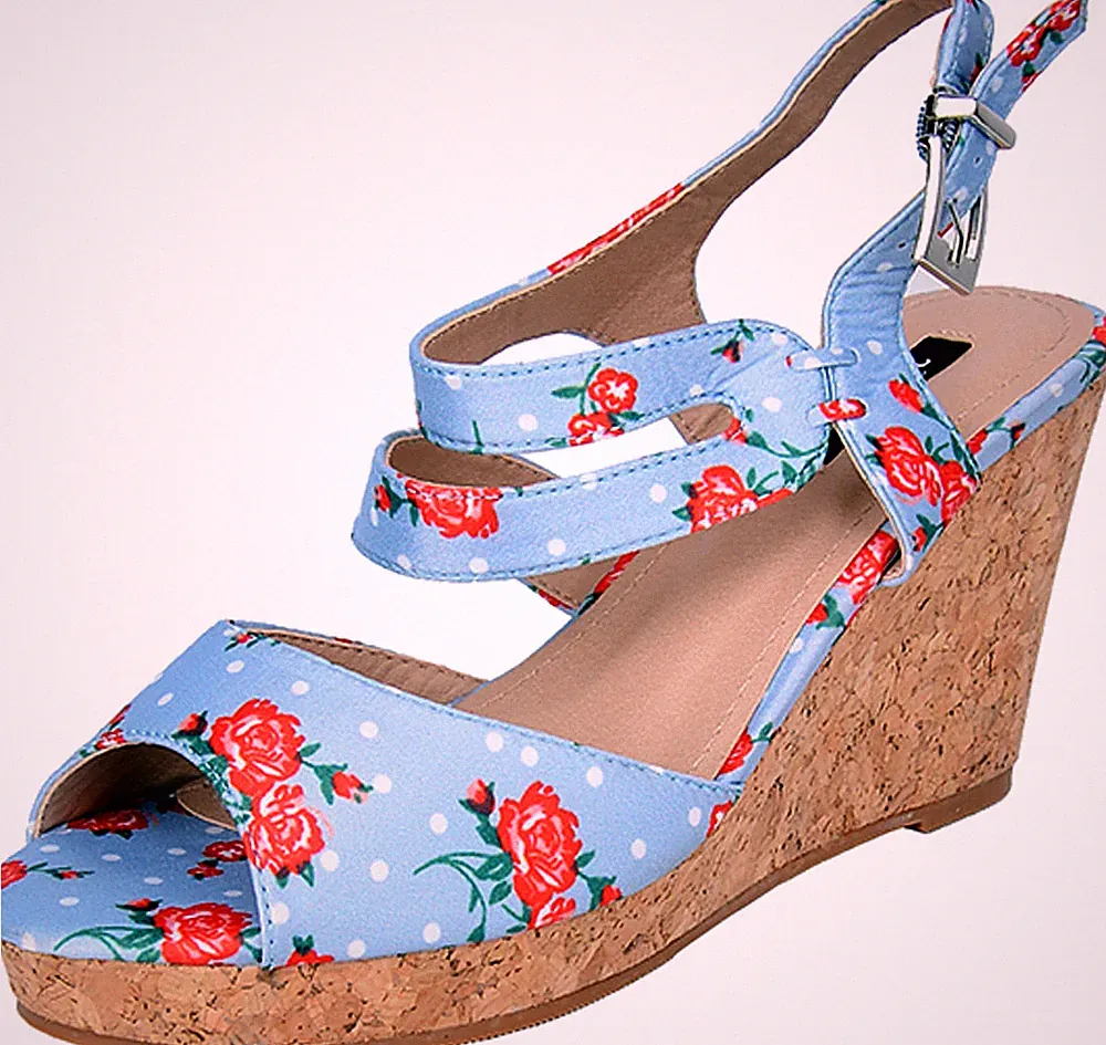Vintage FLORAL Rose POLKA Dots Kork RIEMCHEN Wedges Blau Rockabilly