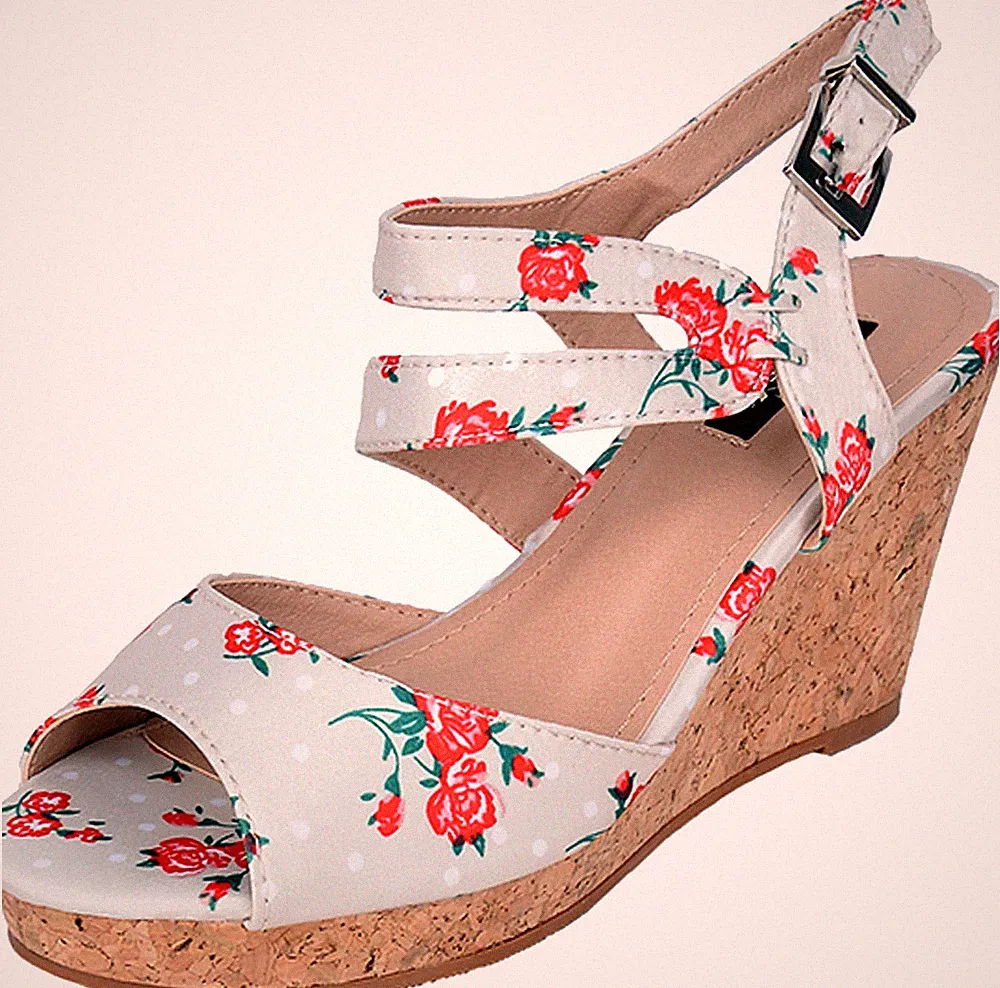 Vintage FLORAL Rose POLKA Dots Kork RIEMCHEN Wedges Creme Rockabilly