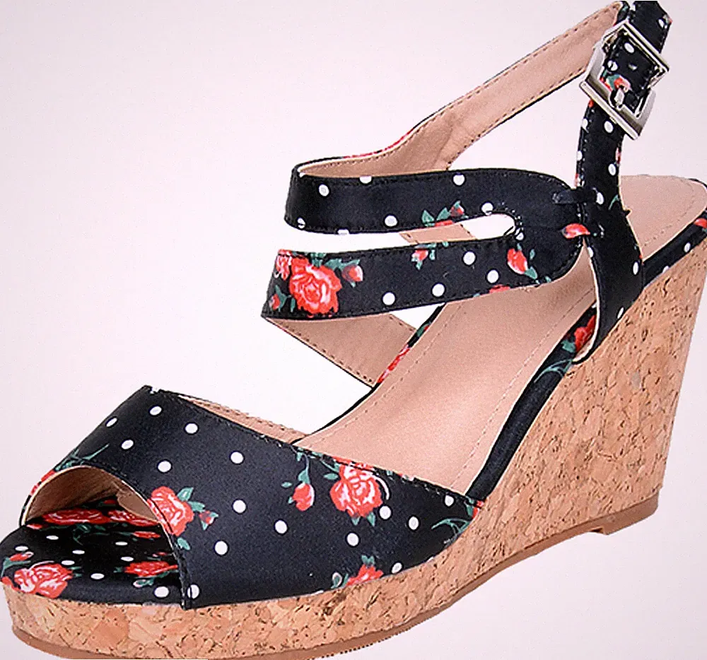 Vintage FLORAL Rose POLKA Dots Kork RIEMCHEN Wedges Schwarz Rockabilly