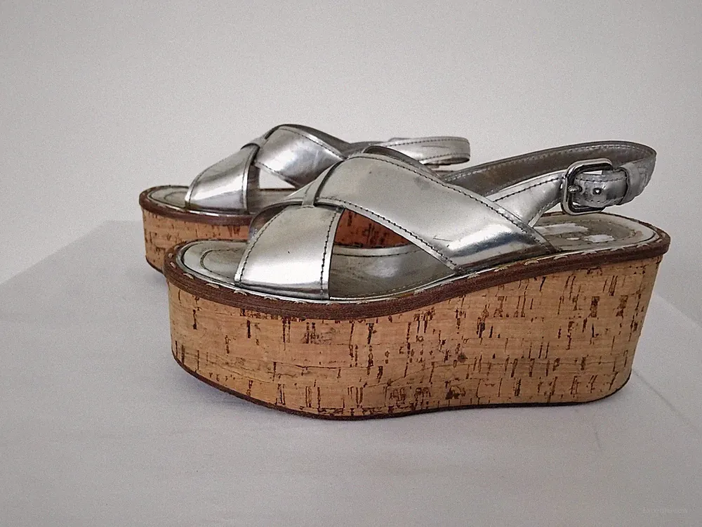 Vintage Prada Silber Leder Plateau Kork Keilabsatz Slingback Sandalen | 6 39