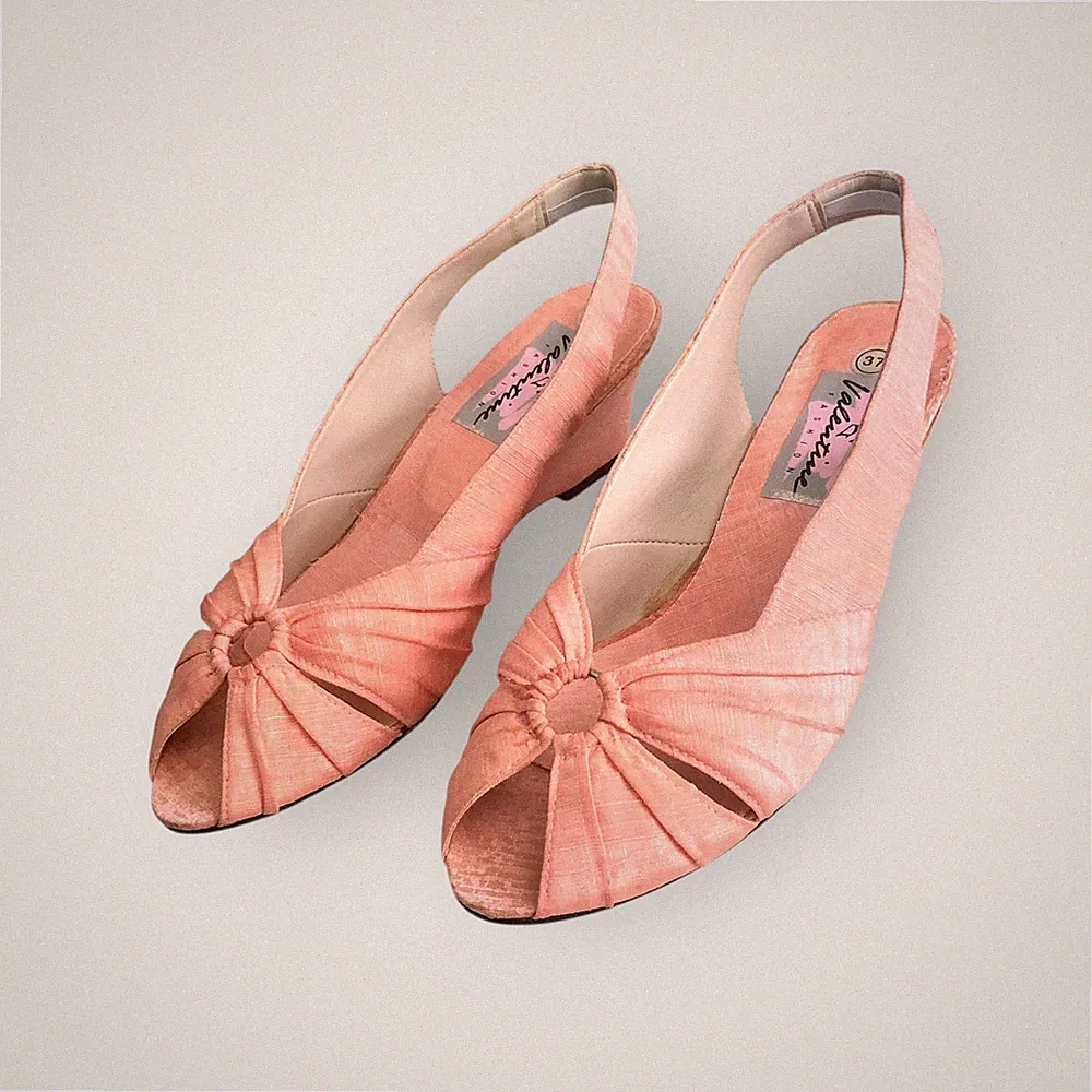 Vintage Valentine Fashion Sandalen 37 Stoff Rosa Angeln Keilabsatz Leder Slingback