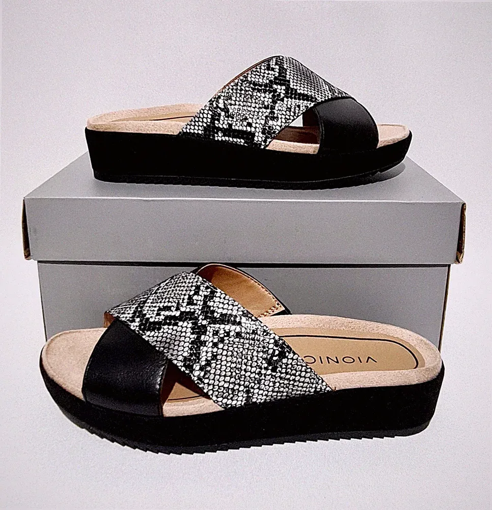 VIONIC HAYDEN SCHLANGE SCHWARZE LEDER SANDALEN ORTHESE WEITE PASSFORM UVP £80 SLIDER