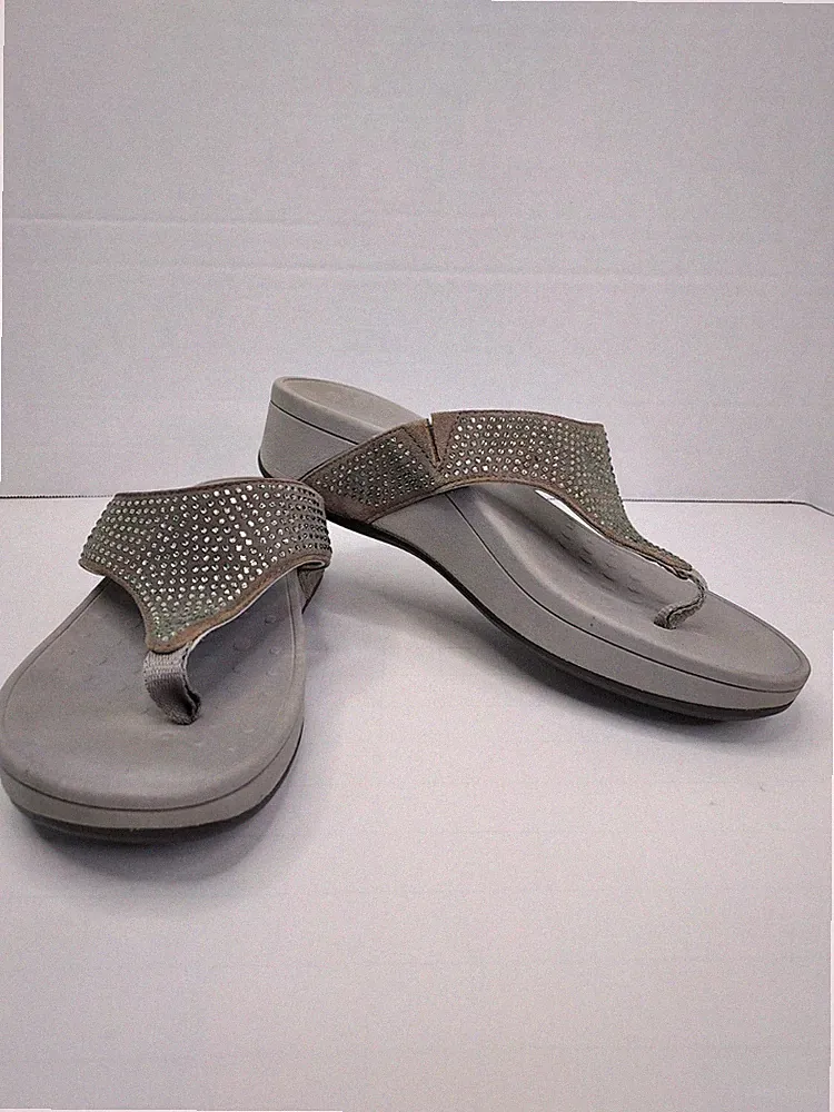 Vionic Naples‎ Platform Thong Sandals Women’s 10 Rhinestone Grey Leather Sparkle