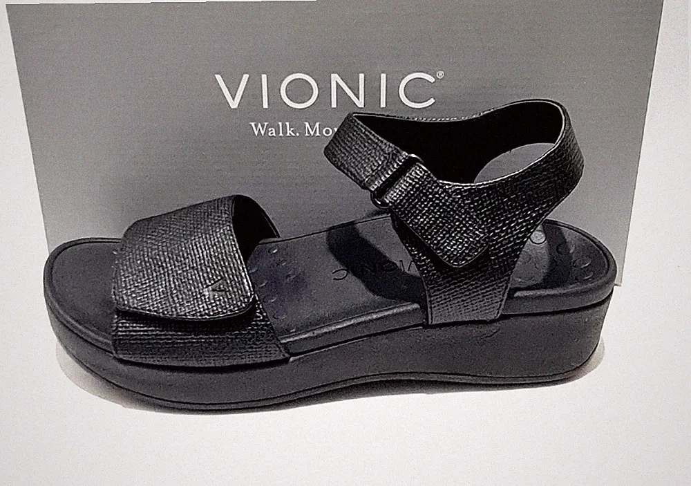 Vionic Raz schwarze orthopädische Keilabsatz-Plateausandalen breite Passform neu mit Karton Damen