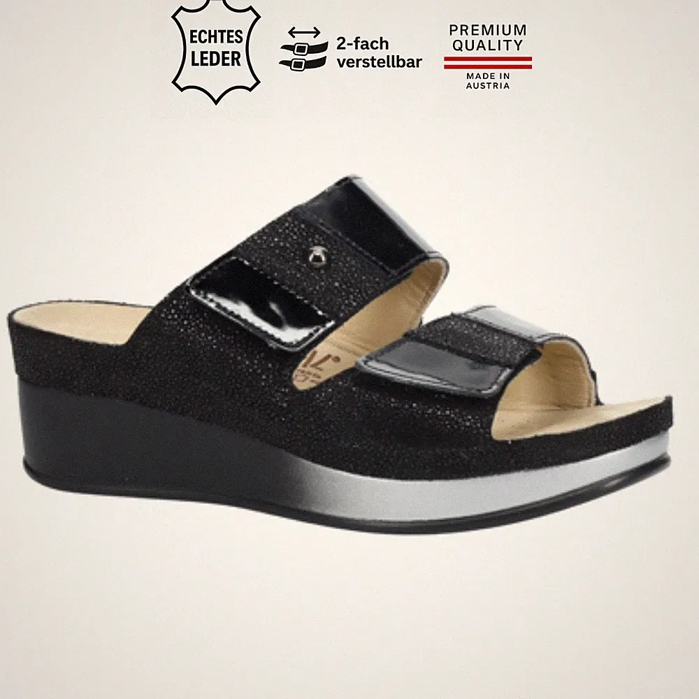 VITAL Damen Pantolette LARA schwarz Echtleder Plateau Komfort Klett bequem 36–42