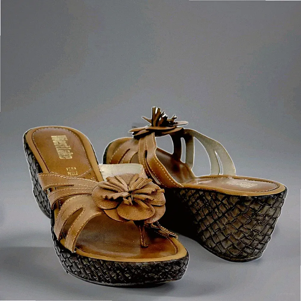 WESTLAKE Damen Sandalen Keilabsatz Medium Wedge Leder Braun Haselnuss Zehentrenner 40