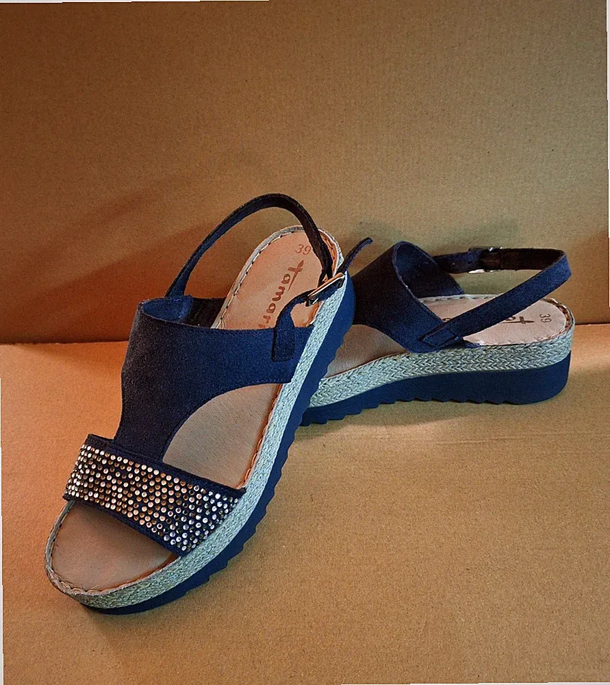 Wie neu! Tamaris Ledersandaletten in dunkelblau mit Glitzersteinchen, Gr. 39
