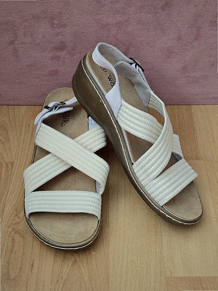 Wonder Walk Damen Sandalen Beige Creme Gr. 38 Leder bequem Stretch Sommer