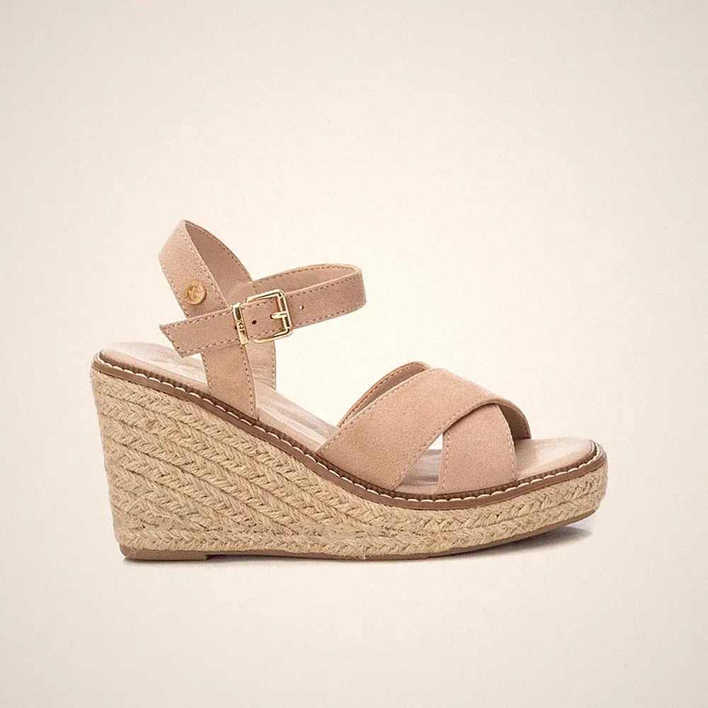 XTI Damen High Keilabsatz Sandalen Vegan Shoes Kunstleder Sommer Camel