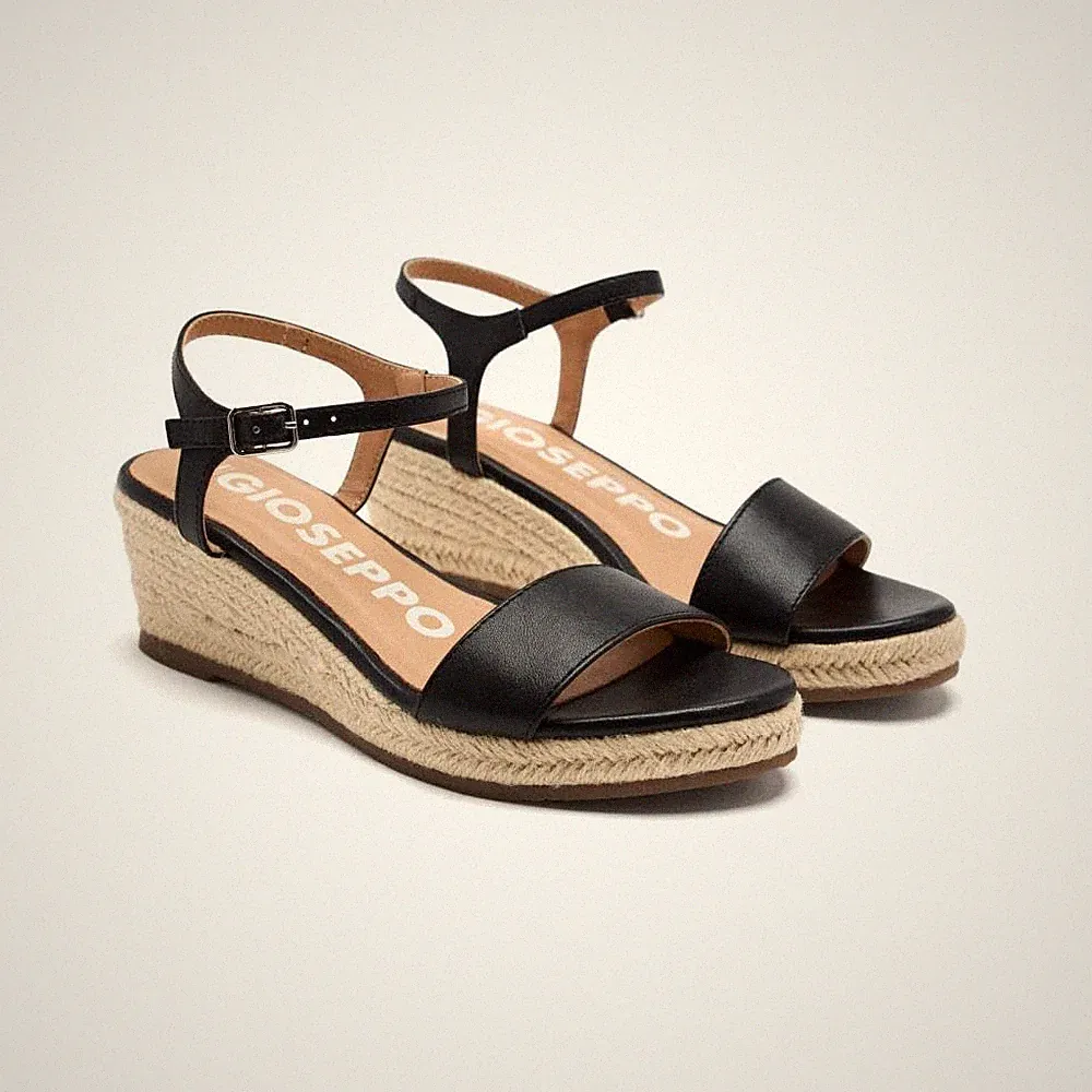Yalaha DamenSandalen aus schwarzem Leder mit Keilabsatz aus Jute, Schwarz, 37 EU