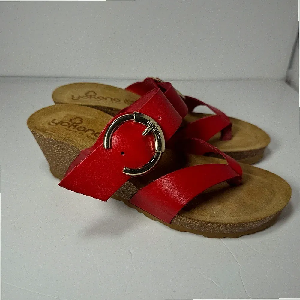 Yokono Red Leather Wedge Sandals Size 38 7 Buckle Strap Cork Platform Spain