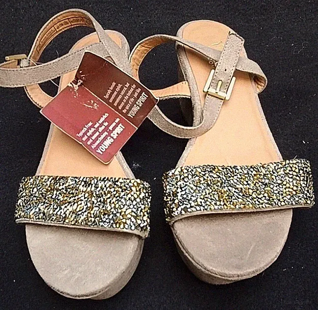 ​Young Spirit London Damen Sandaletten Gr 36 Beige Strass Glitzer Keilabsatz NEU