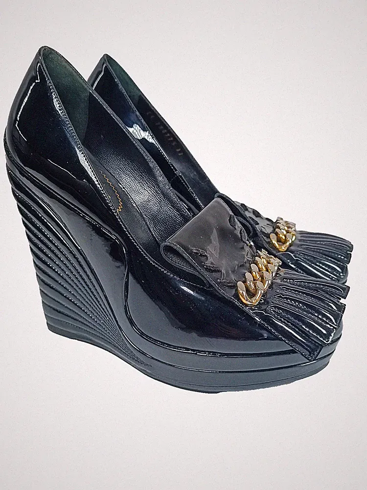 YSL Saint Laurent Myranda Schwarz Lackleder Fransen Keilabsatz Schuhe Damen E...