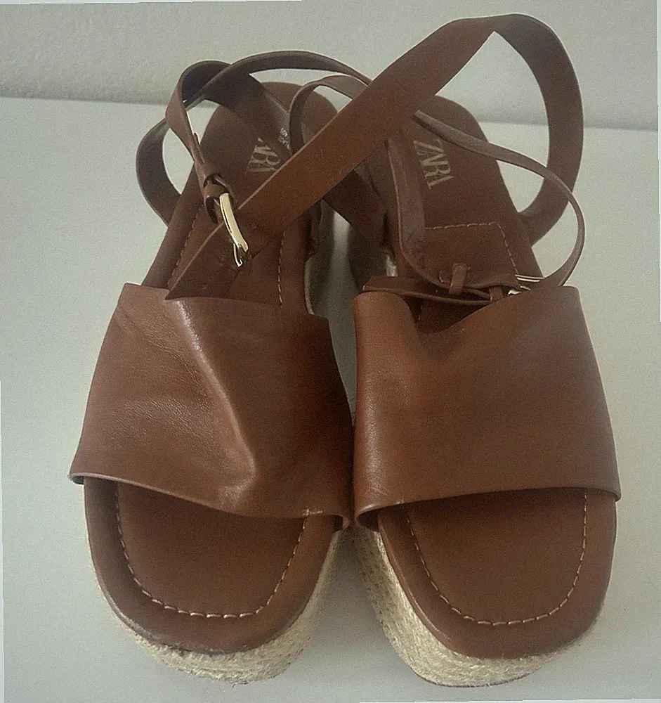 Zara Damen Espadrille-Sandalen Keilabsatz mittel Leder Braun Schnalle EU 37