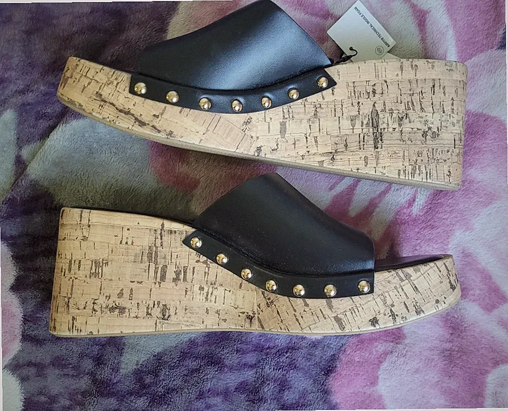 ZARA Damen Mules Sandalen Slip-On Keilabsatz hoch Kunstleder Nieten EU 42