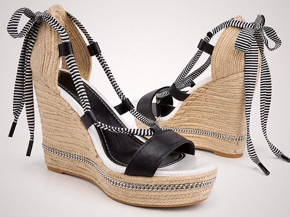 ZARA Espadrille Keilabsatz Sandalen schwarz weiß zum Binden Plateau maritim UK 3