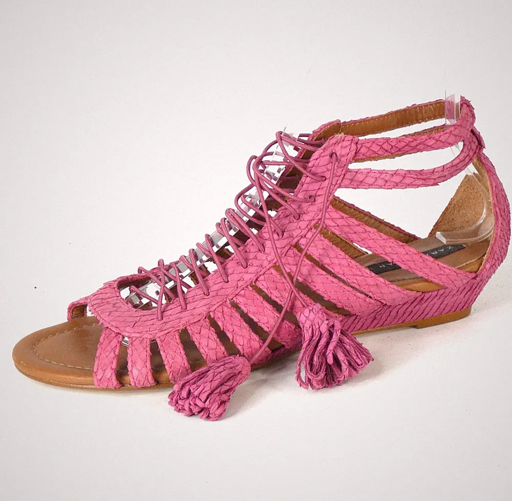 Zara rosa Leder Gladiator Sandalen Schlangenhaut Bogo Schnürung Quaste niedriger Keilabsatz UK4