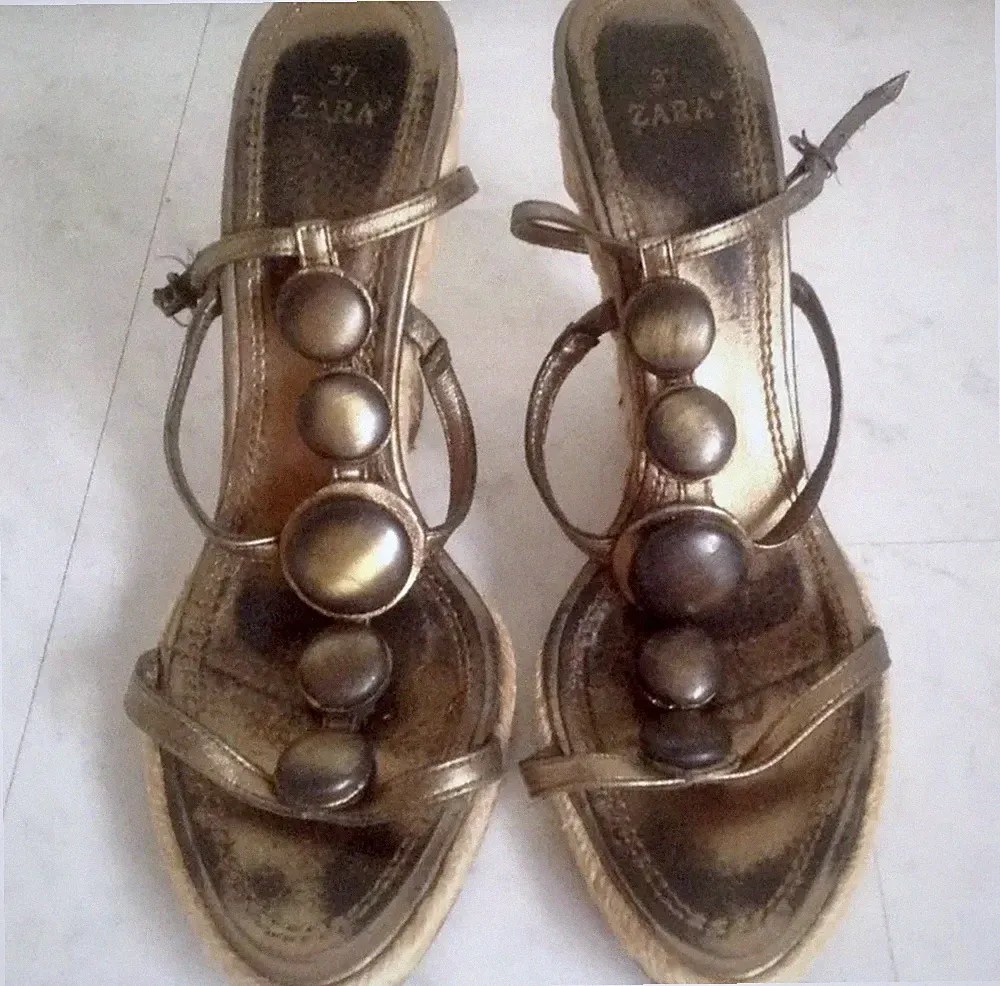ZARA schöne Leder-KEILAbsatz-Bastabsatz Sandalen Wedges Bronze-Metallic/ Gr. 37