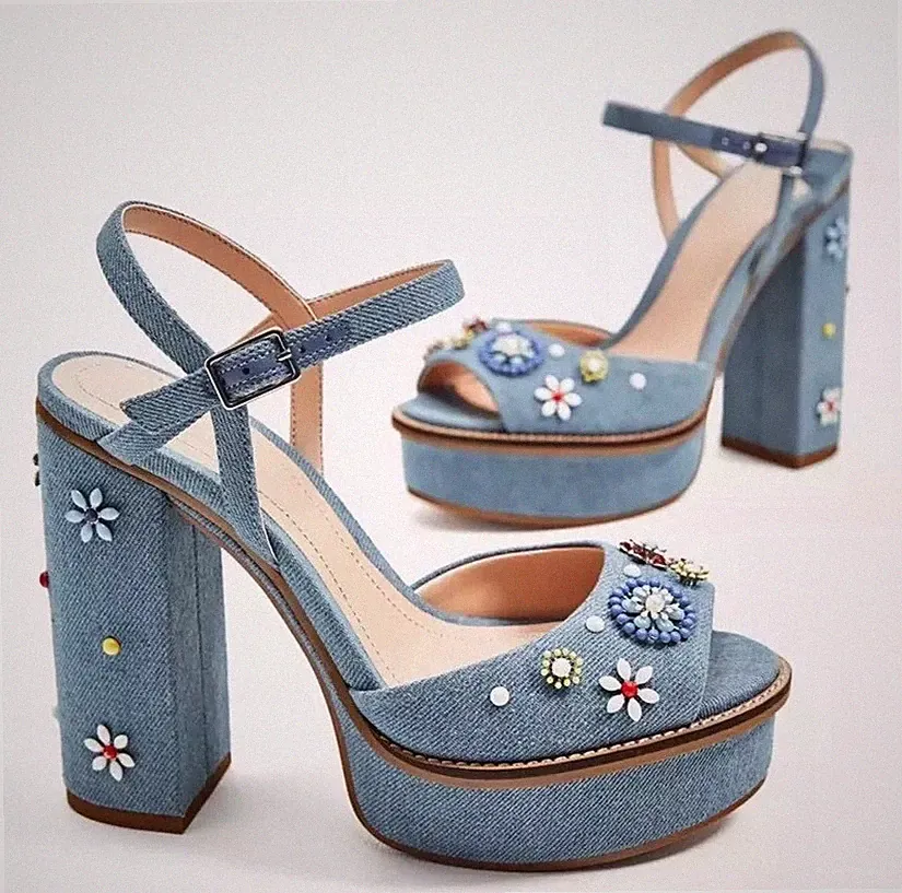 Zara Woman Plateau Hippie Sandalette Sandale High Heel Denim Gr. 39 Neu